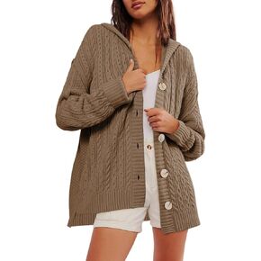 Dokotoo Oversized Sweaters for Women Casual Solid Long Sleeve Button Down Chunky Knit Hooded Cardigan Sweaters Coat