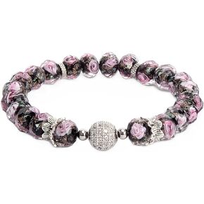 Flower Beaded Bracelets for Women Crystal Healing Bracelet Pink Glass Bead Stretch Bracelets