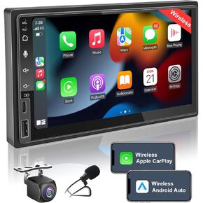 7 Inch Android Double Din Car Stereo Wireless CarPlay & Wireless Android Auto,2+32G Touchscreen Car Radio Receiver with Dual Bluetooth,Live Rearview Camera,AM/FM/RDS, Type C Fast Charge,DSP/Subw