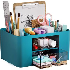 Marbrasse Pen Organizer with 2 Drawer, Multi-Functional Pencil Holder for Desk, Desk Organizers and Accessories with 5 Compartments + Drawer for Office Art Supplies (White)