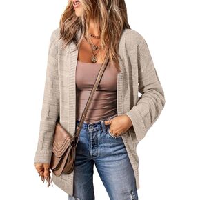 SHEWIN Women's Open Front Lightweight Cardigan Casual Long Sleeve Checkered Knit Loose Sweaters Outwear