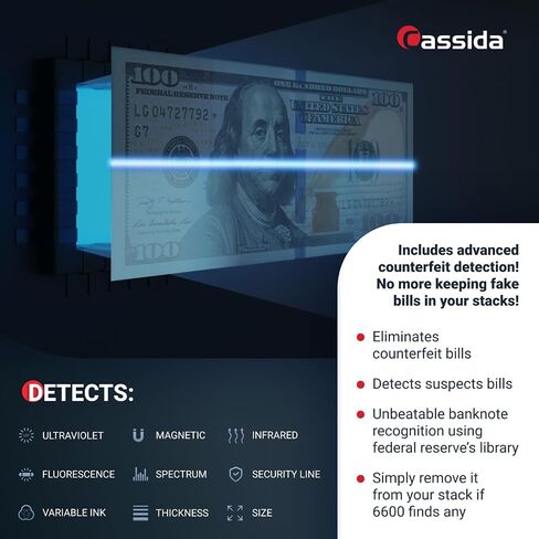 Cassida 6600 UV – USA Business Grade Money Counter with UV/IR Counterfeit Detection – Top Loading Bill Counting Machine w/ ValuCount™, Add and Batch Modes – Fast Counting Speed 1,400 Notes/Min in Saudi Arabia