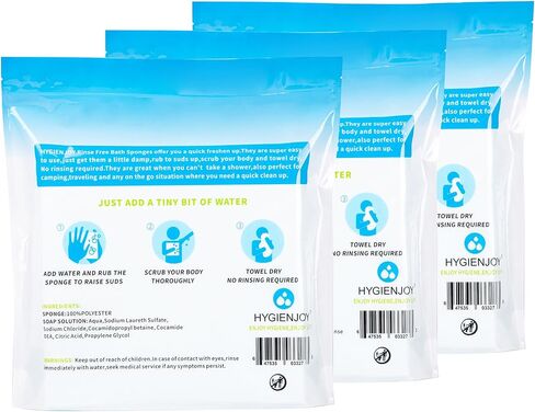 HYGIENJOY - إسفنجات حمام خالية من الشطف (25 قطعة) مناديل مبللة للجسم للبالغين للاستحمام - سميكة جدًا، لا تترك بقايا مناديل استحمام للبالغين بدون شطف، لكبار السن، للمصابين، لطريح الفراش، وأيضًا للمخيمين والمتنزهين، الإسفنج مناديل الحمام (عبوة واحدة) in Kuwait