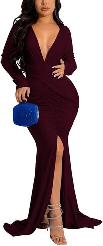 HugeNice Colorful Maxi Dresses for Women Sexy Long Sleeve Deep V Neck Bodycon Floor Length Dress in Kuwait
