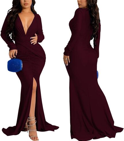 HugeNice Colorful Maxi Dresses for Women Sexy Long Sleeve Deep V Neck Bodycon Floor Length Dress in Kuwait
