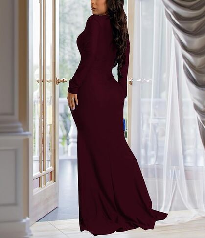 HugeNice Colorful Maxi Dresses for Women Sexy Long Sleeve Deep V Neck Bodycon Floor Length Dress in Kuwait