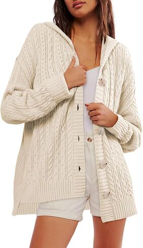Dokotoo Oversized Sweaters for Women Casual Solid Long Sleeve Button Down Chunky Knit Hooded Cardigan Sweaters Coat in Saudi Arabia