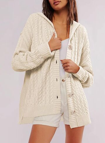 Dokotoo Oversized Sweaters for Women Casual Solid Long Sleeve Button Down Chunky Knit Hooded Cardigan Sweaters Coat in Saudi Arabia