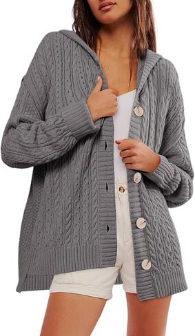 Dokotoo Oversized Sweaters for Women Casual Solid Long Sleeve Button Down Chunky Knit Hooded Cardigan Sweaters Coat in Saudi Arabia