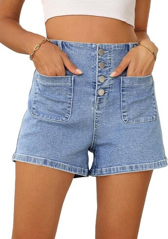 Sidefeel Women's Jean Shorts Button Fly Stretchy High Waisted Summer Denim Shorts Pants with Pockets in Kuwait