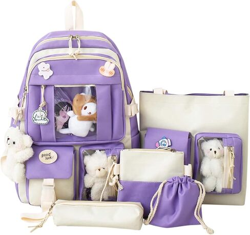 LIK EPOCH Kawaii Backpack 5Pcs Set Aesthetic Backpack 17in Preppy Backpacks with Badge&Pendant,Shoulder Bag,Pencil Box,Tote Bag,Lucky Bag(Blue) in Saudi Arabia
