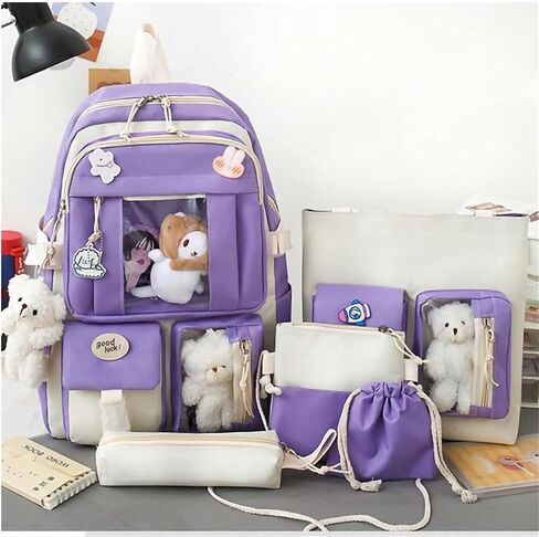 LIK EPOCH Kawaii Backpack 5Pcs Set Aesthetic Backpack 17in Preppy Backpacks with Badge&Pendant,Shoulder Bag,Pencil Box,Tote Bag,Lucky Bag(Blue) in Saudi Arabia