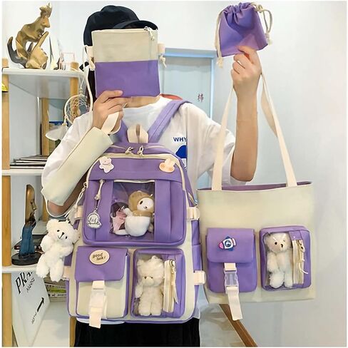 LIK EPOCH Kawaii Backpack 5Pcs Set Aesthetic Backpack 17in Preppy Backpacks with Badge&Pendant,Shoulder Bag,Pencil Box,Tote Bag,Lucky Bag(Blue) in Saudi Arabia