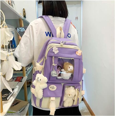 LIK EPOCH Kawaii Backpack 5Pcs Set Aesthetic Backpack 17in Preppy Backpacks with Badge&Pendant,Shoulder Bag,Pencil Box,Tote Bag,Lucky Bag(Blue) in Saudi Arabia