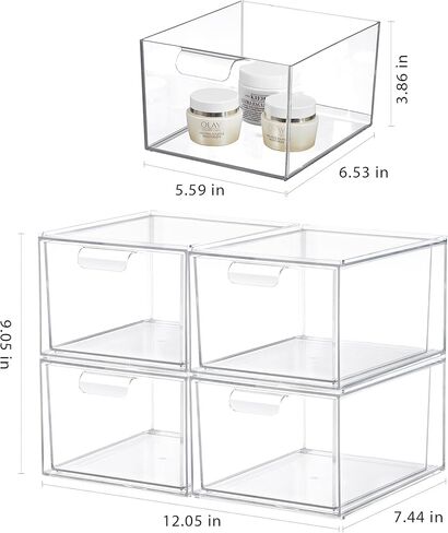 Syntus 3 Piece Set Stackable Makeup Organizer Drawers, 4.4'' Tall Acrylic Bathroom Storage Drawer, Plastic Cosmetics Box for Vanity, Undersink, Skincare, Kitchen Cabinets, Pantry Organization in Kuwait