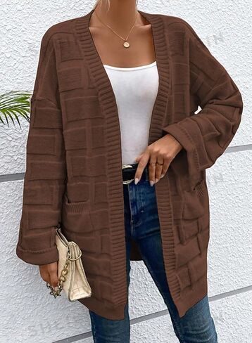 SHEWIN Women's Open Front Lightweight Cardigan Casual Long Sleeve Checkered Knit Loose Sweaters Outwear in Saudi Arabia