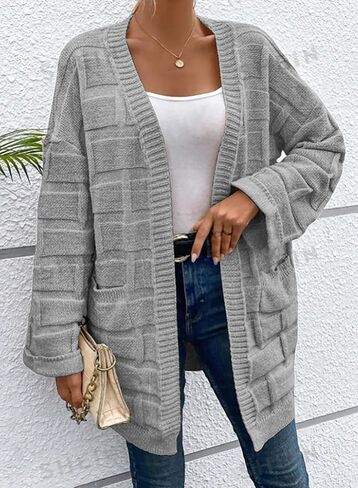 SHEWIN Women's Open Front Lightweight Cardigan Casual Long Sleeve Checkered Knit Loose Sweaters Outwear in Saudi Arabia