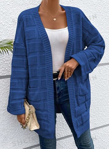 SHEWIN Women's Open Front Lightweight Cardigan Casual Long Sleeve Checkered Knit Loose Sweaters Outwear in Saudi Arabia