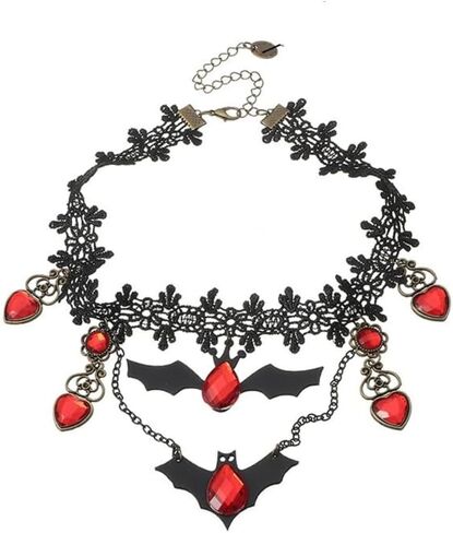 Unique Charm! Stylish Halloween Gothic Vampire Necklace and Double-Layered Veil Costume Set for Girls or Women in Kuwait