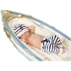 Vomdrok Newborn Baby Photo Shoot Props Outfits Crochet Clothes Stripe Hat Pants Boy Girl Photography Shoot
