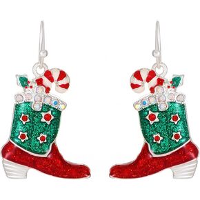 MALOYANVE Christmas Earrings for Women Girls Christmas Trees Bow Snowflake Bells Elk Candy Drop Dangle Earrings Holiday Stud Earrings with Xmas Organza Party Jewelry Gifts