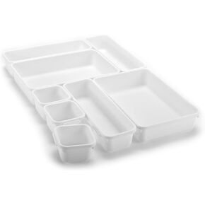 Masirs Interlocking Drawer Organizer Bins, Durable Plastic, Various Sizes for Custom Layout Design, Great for Desk Drawer, Tool Box or Garage Organization, (Black | 8-Piece Set)