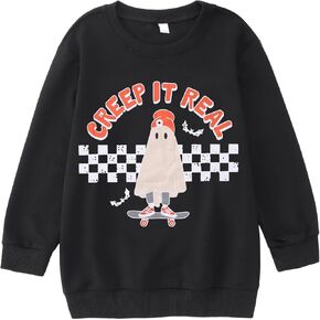 Kids Boy Girl Halloween Sweatshirt Ghost Creep It Real Crewneck Sweater Shirt Tops Spooky Season Fall Clothes 7-13Y
