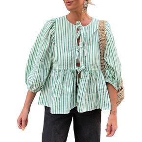 Bow Tie Front Tops for Women Peplum Half Puff Sleeve Cute Ruffle Hem Summer Going Out Blouse Shirt