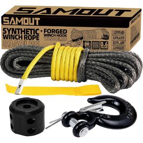 Synthetic Winch Rope Kit, 3/16in x 50ft 8350LBS Cable + Forged 13500LBS Winch Hook + Rubber Stopper + Safety Pull Strap, Yellow