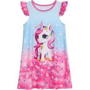 WonderBabe Girls Nightgowns Casual Dress Flutter Short Sleeves Nightdress Cat Sleepwear Pajamas Night Gowns for Kids