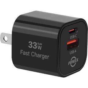 PDMAX USB C Charger Block 33W GaN,Compact Charging Block,Dual Port Type C&A Wall Charger Fast Charging for iPhone 15/14/13/12,Galaxy,Pixel,iPad Pro/Air/Mini,AirPods,Apple Watch and More (Black)