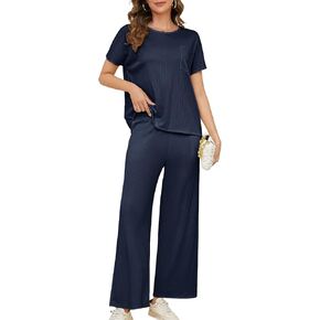 Women's 2 Piece Knit Lounge Sets Short Sleeve T Shirts Wide Leg Pants Tracksuit Summer Casual Outfits Loungewear in Saudi Arabia