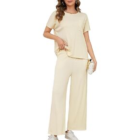 Women's 2 Piece Knit Lounge Sets Short Sleeve T Shirts Wide Leg Pants Tracksuit Summer Casual Outfits Loungewear