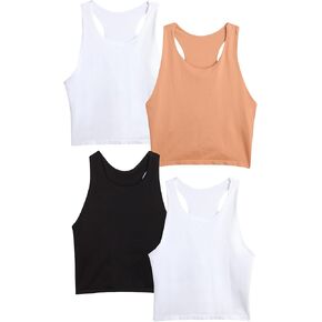 Girls' Training Bra - 4 Pack Seamless Longline Cami Bralette - Crop Top Sports Undershirt with Built-in Bra Shelf