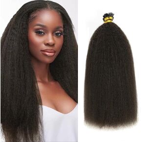 Loxxy I Tip Hair Extensions Human Hair Kinky Straight Natural Black Itip Hair Extensions Pre Bonded I Tips for Black Women Human Hair Invisible Curly Soft Hair 12inch 50Strands 40g/pack