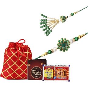 Combo Set Of 2 Designer Kundan Pearls Lumba Bracelet With Printed Potli Bag, Roli Chawal And Greeting Card For Brother