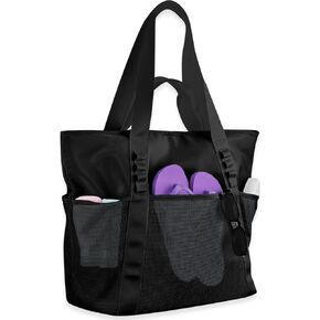 Mesh Beach Bag for Women,Waterproof Sandproof Tote Bag with Zipper 8 Pockets,Shoulder Bag for Gym Travel Swim Pool