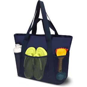 8 Pockets Large waterproof Beach Bag with Zipper, Foldable Sandproof beach Tote Bag for Women