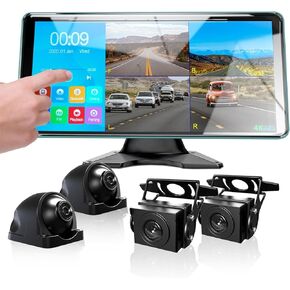 Ciascy 4K Backup Camera 4CH Dash Cam with 10.36" Quad Split Touch Screen & 4 AHD Front Rear Sides View Camera w/DVR Recording Music Video Playback Avoid Blind for RV Semi Trailer Truck Van
