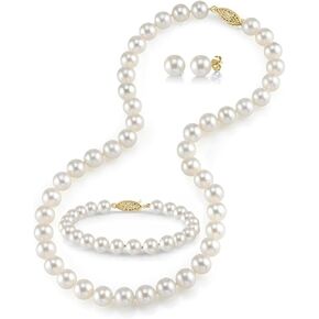 The Pearl Source 14K Gold 9-10mm Round White Freshwater Cultured Pearl Necklace, Bracelet & Earrings Set in 17" Princess Length for Women