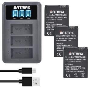 Batmax 3Pcs AHDBT-301 Li-ion Battery + 3-Slots LED USB Charger for GoPro Hero 3, Hero 3+ GoPro AHDBT-301,AHDBT-302 Cameras