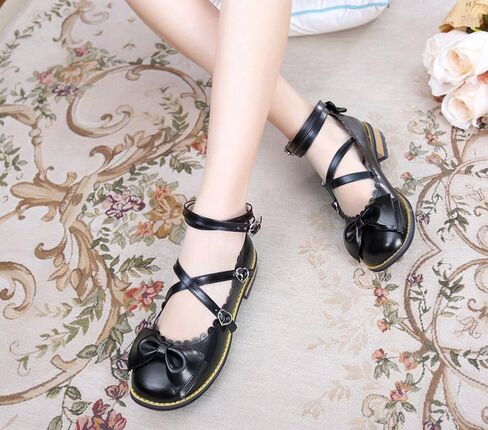 أحذية الأميرة اليابانية الجميلة لوليتا بكعب منخفض مكتنز ومقدمة مستديرة وربطة عنق وأربطة in Kuwait