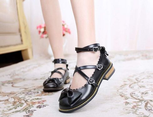 أحذية الأميرة اليابانية الجميلة لوليتا بكعب منخفض مكتنز ومقدمة مستديرة وربطة عنق وأربطة in Kuwait