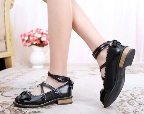 أحذية الأميرة اليابانية الجميلة لوليتا بكعب منخفض مكتنز ومقدمة مستديرة وربطة عنق وأربطة in Kuwait