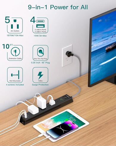 قطعتان من واقي التيار الكهربائي مع USB C - سلك تمديد مع 5 منافذ واسعة و4 منافذ USB (1875 وات/15 أمبير)، حامل على الحائط، قابس مسطح، محطة شحن مكتب للمنزل والمكتب ومستلزمات غرفة النوم الجامعية in Kuwait