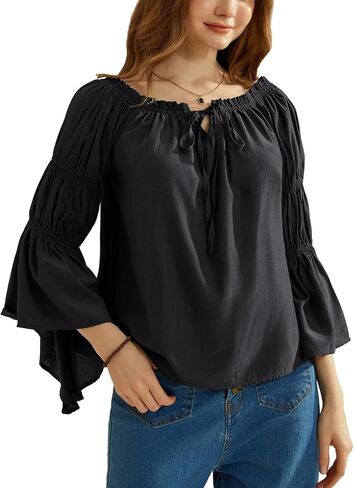 Scarlet Darkness Women Renaissance Shirt Off Shoulder Bell Sleeve Ruffle Casual Loose Peasant Tops in Saudi Arabia