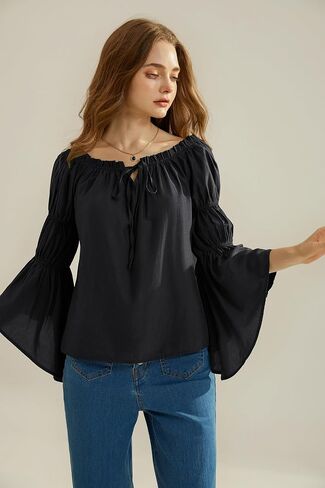 Scarlet Darkness Women Renaissance Shirt Off Shoulder Bell Sleeve Ruffle Casual Loose Peasant Tops in Saudi Arabia