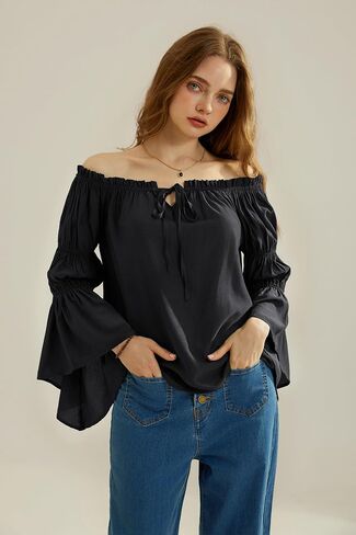 Scarlet Darkness Women Renaissance Shirt Off Shoulder Bell Sleeve Ruffle Casual Loose Peasant Tops in Saudi Arabia