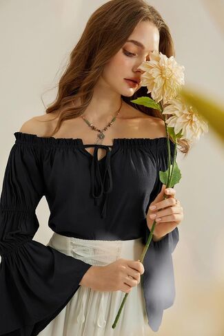 Scarlet Darkness Women Renaissance Shirt Off Shoulder Bell Sleeve Ruffle Casual Loose Peasant Tops in Saudi Arabia