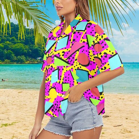 HUGLAZY 80s 90s الزي للنساء النيون حفلة الزي 80s قمصان هاواي الأزهار الاستوائية قمصان الصيف in Kuwait